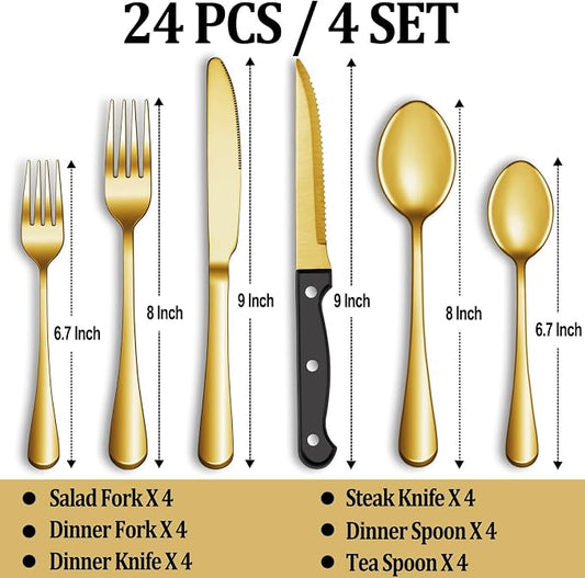 24 Pcs Gold Silverware Set with Steak Knives, Stainless Steel Flatware Cutlery Set Service for 4, Kitchen Tableware Set, Utensil Set for Home and Restaurant, Knives Forks Spoon Set, Dishwasher Safe