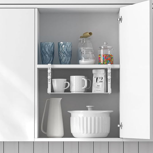 HENGI 2 Pack Adjustable Under Shelf Storage, Heavy Duty Metal Basket Organizer for Kitchen Cupboard Cabinet Pantry Laundry Desk Bookshelf, White
