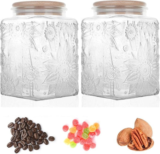 Custde Glass Storage Jars With Airtight Lid, 23.7oz Canister For Kitchen Counter with Bamboo Lid, brown sugar, candy, coffee, cookie, salt, tea,pantry cute Jar (Square Sunflower)