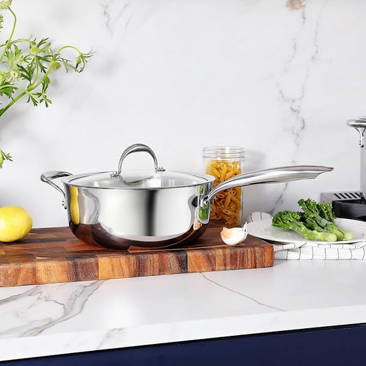 KEAWELL K3 Premium 4-Quart Tri-Ply Fully Clad Stainless Steel Sauté Pan with Lid, Induction & Oven Safe up to 600°F, Even Heating, Professional Cookware for All Stovetops (4-Qt)