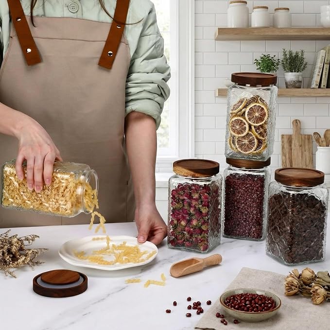 Domensi 6 Pack Vintage Glass Jars with Lids 34 oz with Begonia Pattern Acacia Wood Mason Jar Lids Airtight Pantry Containers for Kitchen Countertop Tea Coffee Spices and Snacks