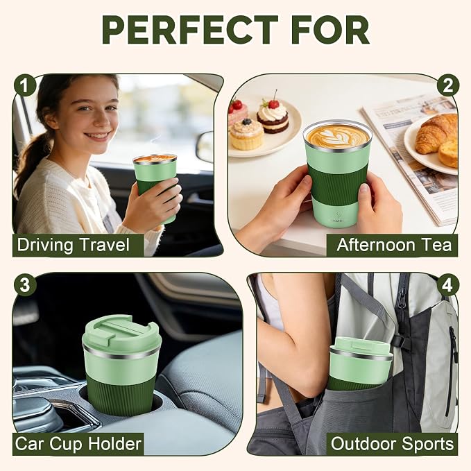 MOMSIV 12oz Travel Mug, Insulated Coffee Cup with Leakproof Lid, Vacuum Stainless Steel Double Walled Reusable Tumbler for Hot and Cold Water Coffee and Tea In Travel and Car (Green-380ml)