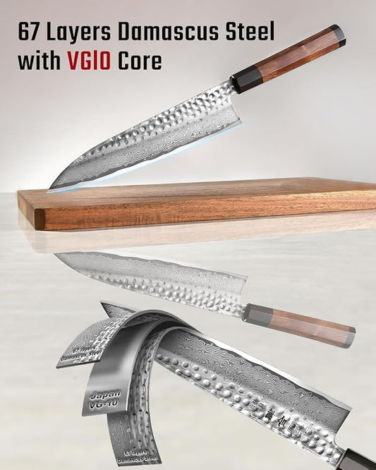 kanngou VG10 Damascus Chef Knife, 8.27 Inch Gyuto Knife with Rose Wood Handle and 67 Layers Damascus Steel, Japanese Kitchen Knife with Premium Gift Box