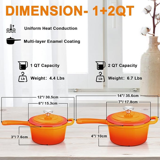 Enameled Cast Iron Sauce Pan, Leonyo 1 Qt & 2 Qt Saucepan Set, Cast Iron Dutch Oven Kitchen Small Pots for All Cooktops Cooking Pasta, Milk, Oatmeal - Up to 500°F & Nonstick, Orange