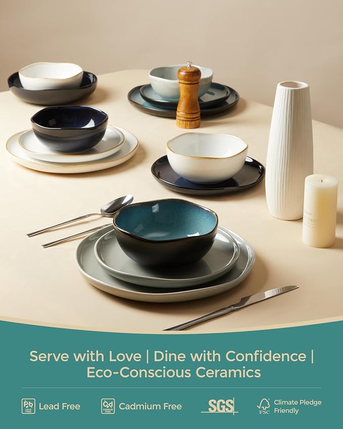 Pokini Plates and Bowls Sets, 16 Pieces Dinnerware Set for 4 with Pasta Bowls, Handmade Dishes Set, Chip Resistant Dishware Sets, Microwave Safe Dinner Set, Designed for Interactive Meals, Green Black