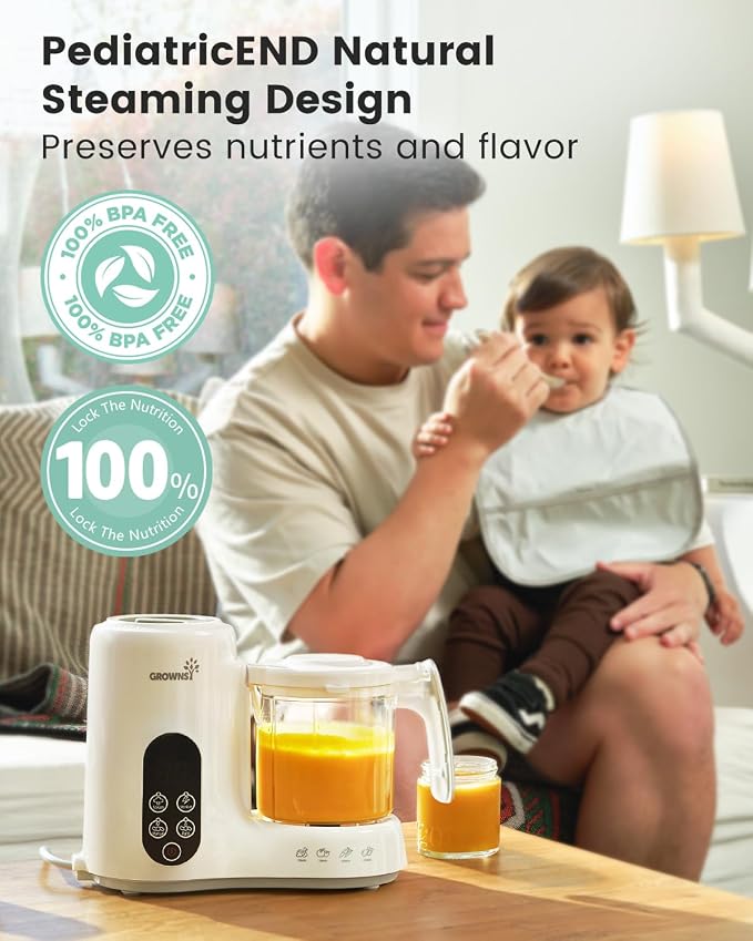 Grownsy Baby Food Maker with Steam Basket, One Step Baby Food Processor Steamer Puree Blender Grinder Mills Machine, Auto Cooking Grinding and Sterili-zing for Healthy Homemade Baby Food, White