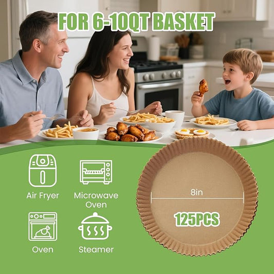 Air Fryer Paper Liners 125Pcs 8-inch Non stick and oil resistant round lined air fryer parchment paper easy to clean, durable, food grade - suitable for air fryers, ovens and microwaves (Round)