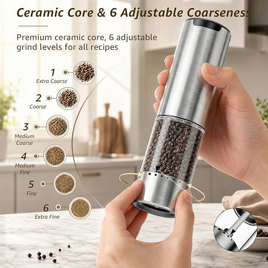 Electric Salt and Pepper Grinder Set Type-C Fast Charging, Automatic Salt and Pepper Shakers Adjustable Coarseness, Stainless Steel Rechargeable Salt and Pepper Grinder with LED Light