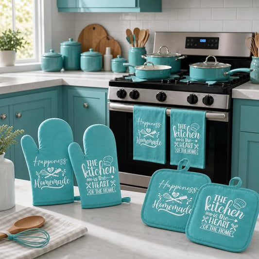 Sratte 6 Pcs Kitchen Decor Accessories Set Farmhouse Towels Pot Holders Oven Mitts Set 2 Dish Towels 2 Potholders 2 Cooking Mittens Oven Glove for Christmas Baking Cooking Supply(Light Teal,Kitchen)