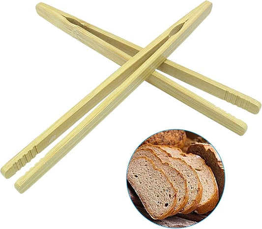 7 Inch Toaster Bamboo Tongs with Anti-slip Design, Wooden Serving Tongs for Salad Toast Kimchi Fruit and Tea (2 Pcs)