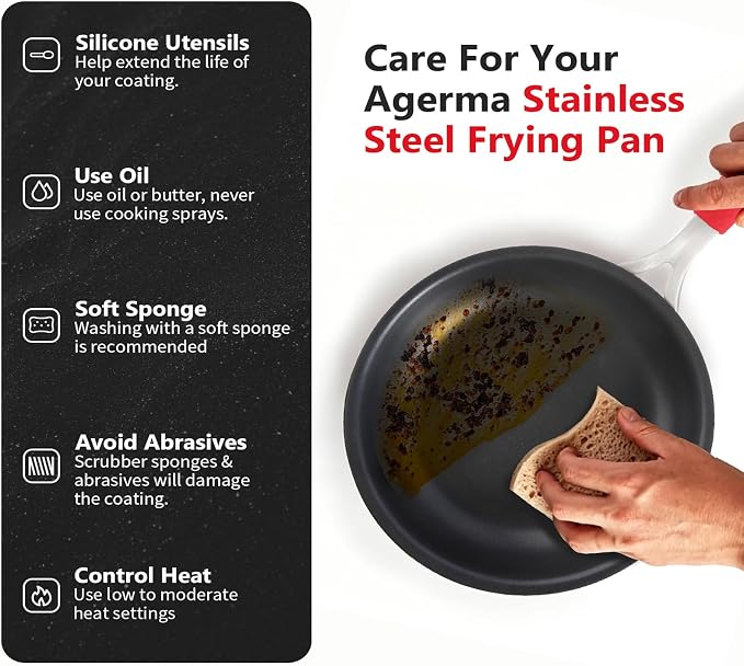 8 Inch Nonstick Frying Pan, Tri-Ply Clad Stainless Steel Skillet with Reinforced Coating, Detachable Handle with Silicone Sleeve, Dishwasher & Oven Safe, Induction Compatible, PFOA-Free