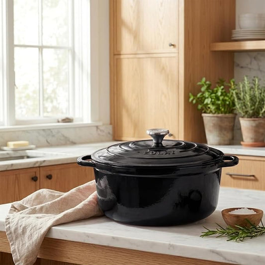 Zulay Kitchen 6.4 Quart Enameled Cast Iron Dutch Oven Pot with Lid – Premium Durability & Oven Safe up to 500°F – Heavy Duty Cookware Perfect for Bread Baking, Stews, Braising & Roasting - Black