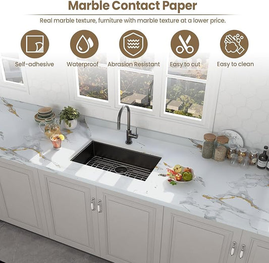 practicalWs Glossy Marble Wallpaper Peel and Stick White/Gold Granite Contact Paper Removable Wall Paper for Kitchen Countertop Cabinet Furniture 11.8" x 78.7"