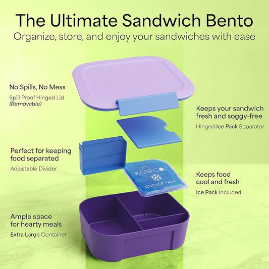 KARRICO Leakproof Lunch Box – 3-Compartment Bento Box, Cooler Pack & Adjustable Divider, Extra Large & BPA-Free – Dishwasher Safe, Ideal for On-the-Go Meals, Lilac & Blue