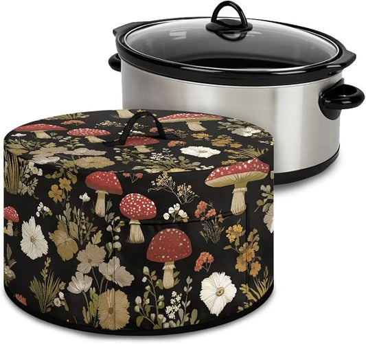Vintage Mushroom Floral Slow Cooker Dust Cover Compatible with 6-8 qt Crock for Pot Small Kitchen Appliance Decor Dust Cover with Top Handle and Pocket