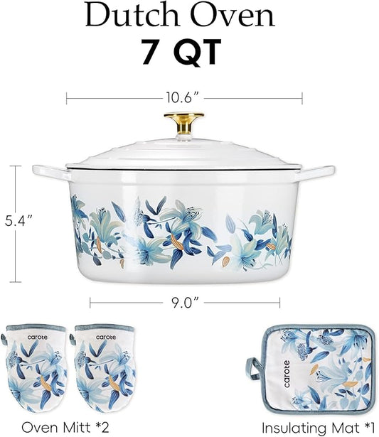 CAROTE 7 QT Enameled Floral Cast Iron Dutch Oven Pot with Lid, Cotton Potholders & Oven Gloves, Cast Iron Pot for Sourdough Bread Baking, All Stovetop Compatible, Oven Safe up to 500° F, White & Blue