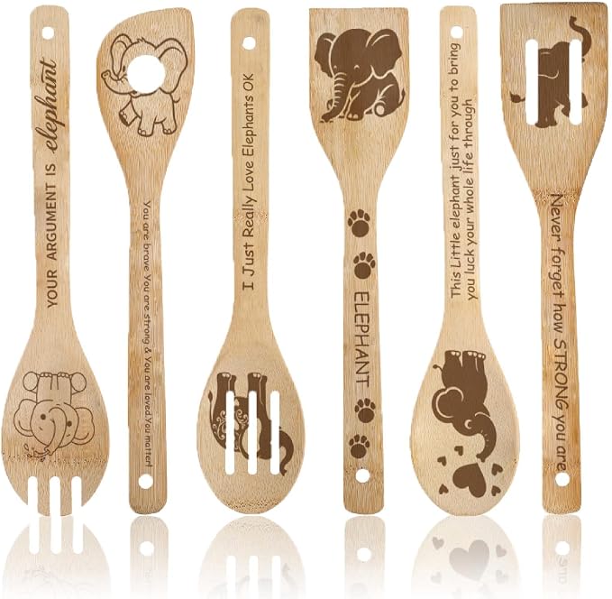 6Pcs 6 Styles Elephant Cooking Utensils for Kitchen 11.8 x 2.4 Inch Bamboo Kitchen Spoons Durable Wood Spoons Set for Housewarming Wedding Birthday Gift Farmhouse Apartment Accessories