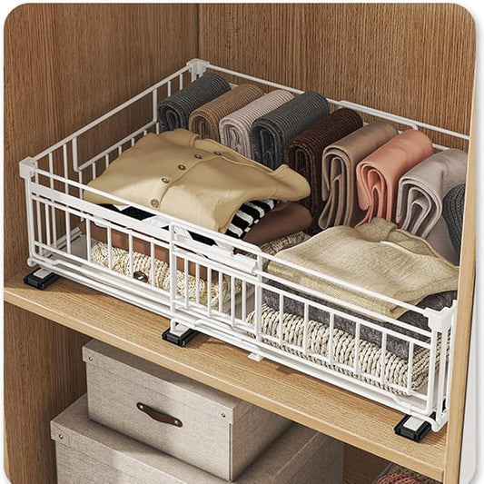 Expandable Pull Out Cabinet Organiser, No Drill Adhesive Slide Out Kitchen Drawer Shelf Durable Metal for Under Sink, Cupboard, Pantry, Adjustable Width (12.8"-19.7") (Style B White, 1 Pack)
