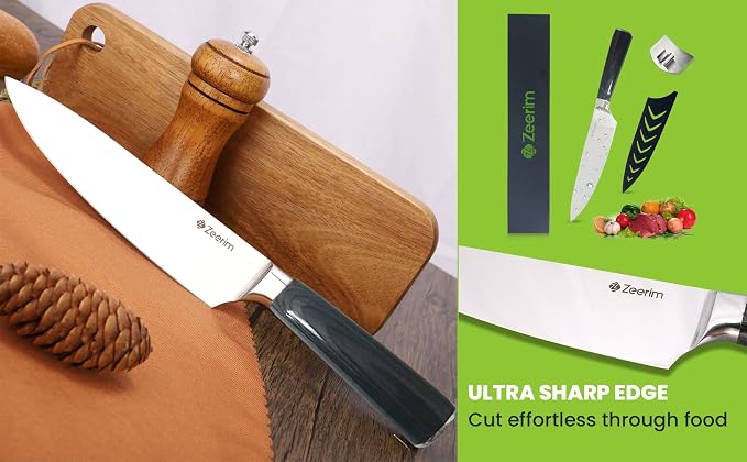 8-Inch Professional Chef Knife – Ultra Sharp High Carbon German Steel Kitchen Knife, Full Tang Forged, Ergonomic Pakkawood Handle, Finger Guard, Razor Edge for Slicing, Dicing & Mincing