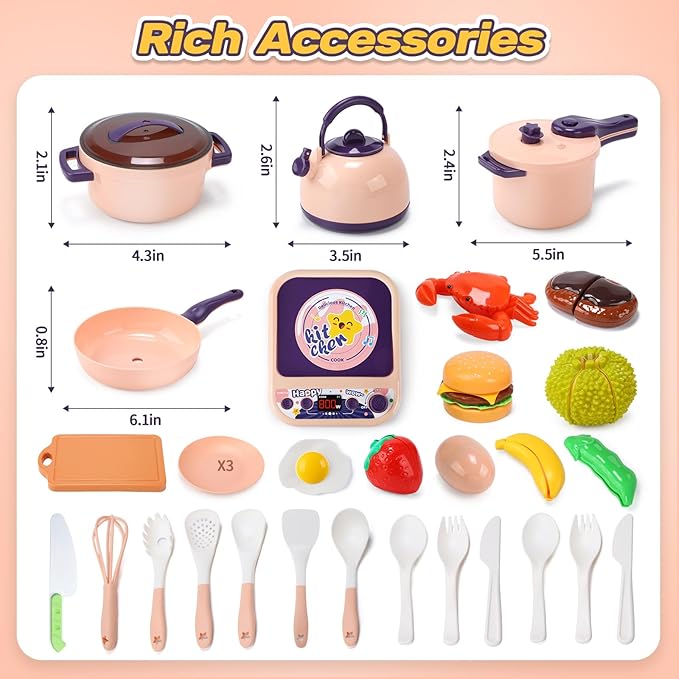 CUTE STONE Kids Kitchen Accessories, Toy Pots & Pans Set with Sound & Light Induction Cooktop, Cuttable & Peelable Play Food, Play Cookware, Educational Role Play Gift for Toddlers & Kids Ages 3+
