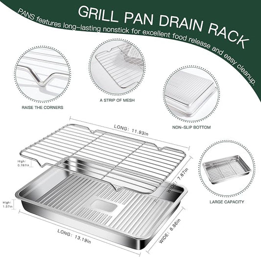 GIUOIDUO Stainless Steel Baking Tray with Grill,(3 trays and 3 grills), for Baking, Cooling Cookies or Bacons, Ovens and Dishwashers Safe, Heat Evenly, Durable Cookie sheet