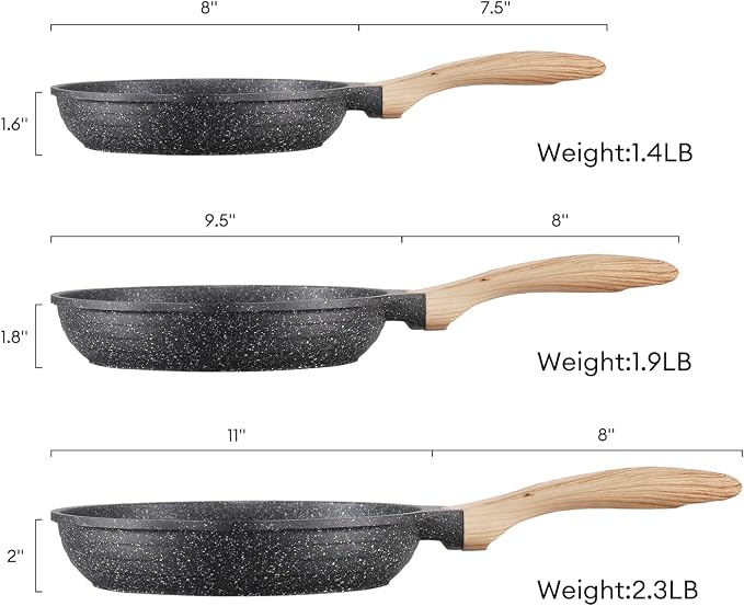 JEETEE Non Stick Frying Pan Set, Frying Pans Nonstick, Omelette Skillet with Soft Touch Handle, 3-Piece Cookware Set 8 Inch 9.5 Inch 11 Inch