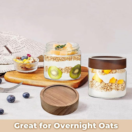 17 Fl oz/500 ml Glass Food Storage Jar, Premium Clear Glass Container Jar with Airtight Screw-on Wooden Lid, Kitchen Canisters for Coffee,Tea,Pasta,Cookies, Nuts,Spice,Candy,Overnight Oatmeal(Small)
