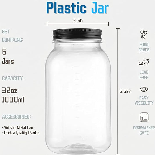 novelinks 32 oz Clear Plastic Jars with Lids, 6 Pack Large Plastic Mason Jars with Lids 32oz, Reusable Quart Containers for Kitchen Organization (6 Pack,Black)