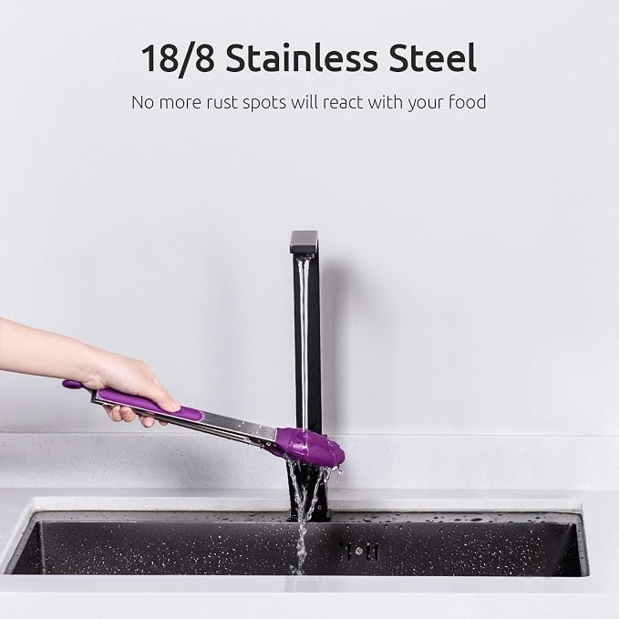Kitchen Tongs, U-Taste 7/9/12 inches Cooking Tongs, with 600ºF High Heat-Resistant Non-Stick Silicone Tips, 18/8 Stainless Steel Handle, for Food Grill, Salad, BBQ, Frying, Serving, Pack of 3(Purple)