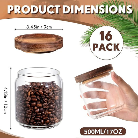 Irenare 16 Pack Glass Containers Canister Set, 17 oz Food Storage Spice Jars with Airtight Lids, Clear Kitchen Containers for Coffee Sugar Tea Beans Nuts Candy Pantry Organization (Wood)