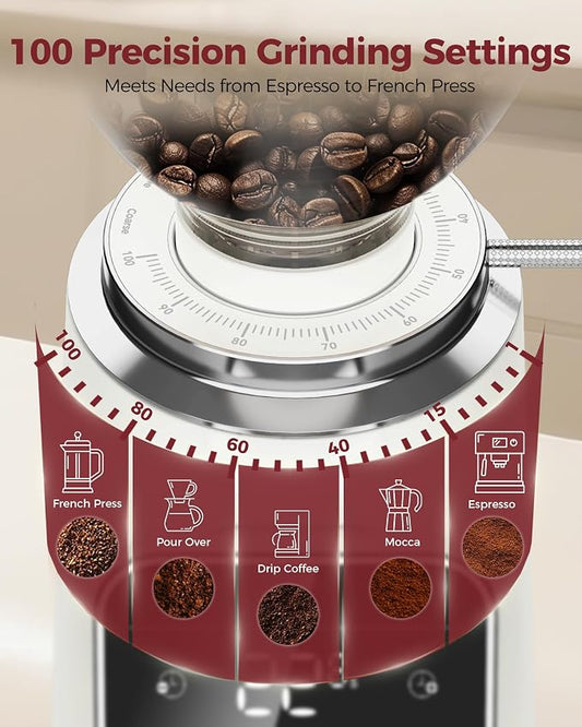 Tuni G3 Commercial Grade 64mm Flat Burr Coffee Grinder, 100 Grind Settings Electric Espresso Grinder with Single Dose, Touchscreen Display & Anti-Static Tech, All-Metal Stainless Steel Body, Ivory