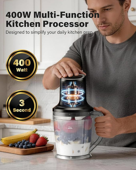 SHARDOR 3-in-1 Small Food Processor/Blender, 400W Powerful Food Chopper with 6-Cup Jar, 4-Cup Processor Bowl & 2-Cup Chopper Bowl, for Food Prep, Smoothies and Milkshakes