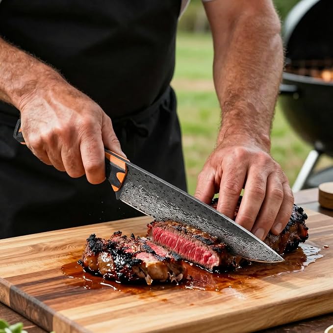 Topfeel 8 Inch Damascus Chef Knife, Professional Kitchen Knife with Japanese VG10 Steel Core, Black Forged Kitchen Knives with G10 Handle, Gifts for Men Women