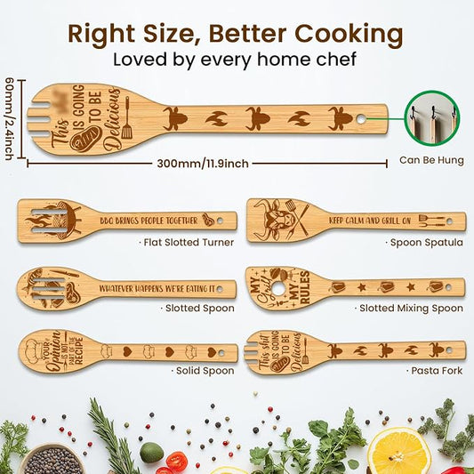 CUTHOLLOW 6PCS Barbecue Wooden Kitchen Cooking Utensil Set, 11.9in Non Toxic Bamboo Wood Spoon Set for Cooking, Best Housewarming Birthday Thanksgiving Christmas Gift for Women Mother