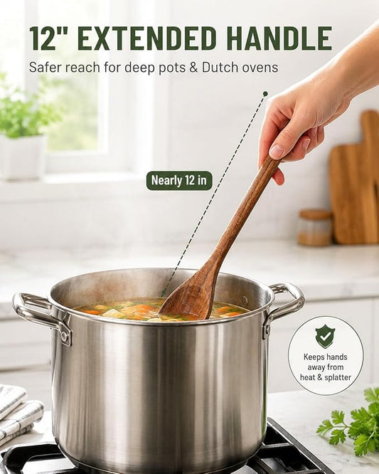 Wooden Cooking Spoons, 2-Piece Acacia Wood Kitchen Utensil Set, 12-Inch Large Mixing Spoons for Nonstick Cookware, Comfort Grip, Durable Natural Wood Spoons