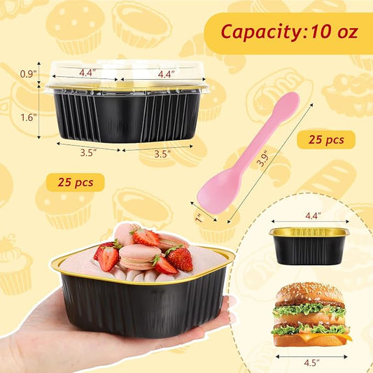 LNYZQUS 10oz Mini Cake Pans with Lids 25 Pack,4”x4” Foil Small Cake Tins Baking Cups for Brownie Bread, Disposable Muffin Pan Individual Cupcake Containers for Halloween Baking Gifts-Black