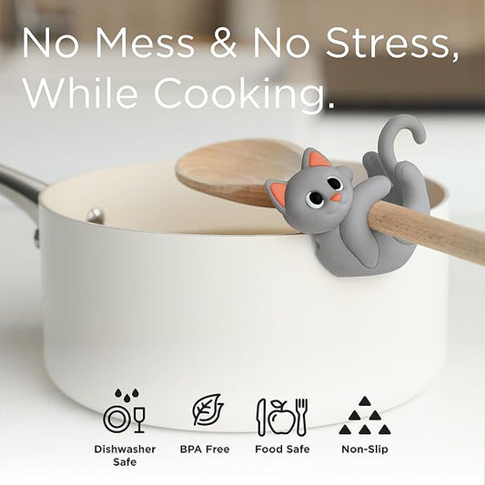 Gray Cat Spoon Rest for Stove Top – Silicone Pot Clip Utensil Holder & Lid Lifter – Funny Kitchen Gadget, Unique Grey Tabby Cat Gifts for Women – 3" x 2.5"
