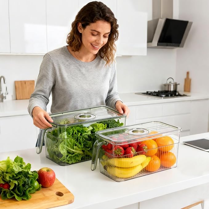 2 Pack Stackable Food Storage Produce Saver Containers for Refrigerator, Berry Keeper Boxes for Fridge with Removable Drain Tray Keep Fresh for Vegetables/Fruit (Clear&Green)