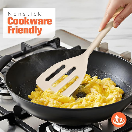 Silicone Cooking Spatula, Heat Resistant Solid Turner, Slotted Spatulas with Wooden Handle,Ideal Wood Kitchen Utensils Set for Frying, Baking, Flipping, Turning,Pack of 2 (Khaki)