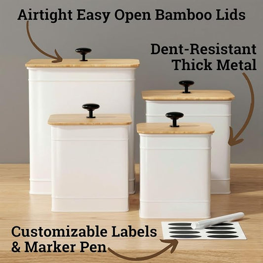Kitchen Canisters for Countertop Set of 4 with Customizable Chalkboard Labels & Marker Pen - Big Iron Kitchen Canisters with Airtight Lids - Canisters Sets for the Kitchen - White Kitchen Canister Set