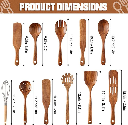 Wooden Spoons for Cooking 11Pcs Natural Acacia Wooden Kitchen Utensil Set, Spatula Spurtles Salad Fork Spoon Set, Non-Stick, Comfortable Grip, As Seen On TV Wooden Cooking Utensils