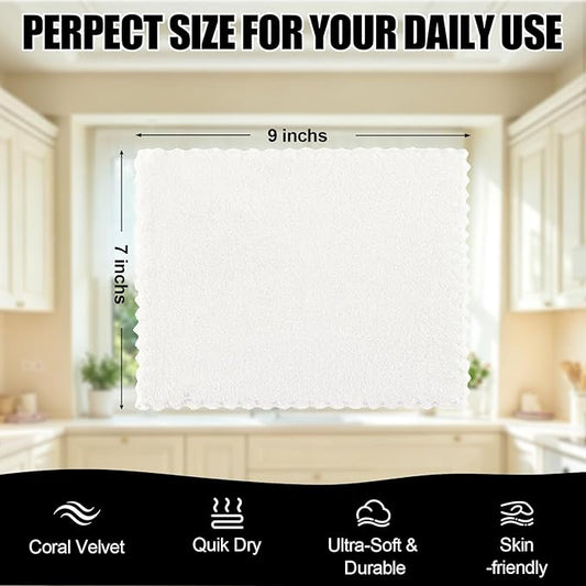 Kitinjoy 24 Pack Kitchen Cloths Dish Towels (7" x 9", White), Super Soft and Absorbent Dish Cloths, Nonstick Oil Fast Drying Coral Velvet Microfiber Cleaning