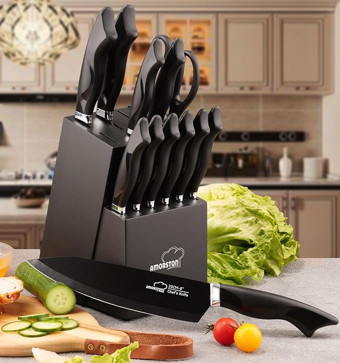Knife Set, 15 Pieces Kitchen Knife Set with Built in Sharpener, German High Carbon Stainless Steel Knife Block Set, Dishwasher Safe, Black, Fathers Day Gift for Men
