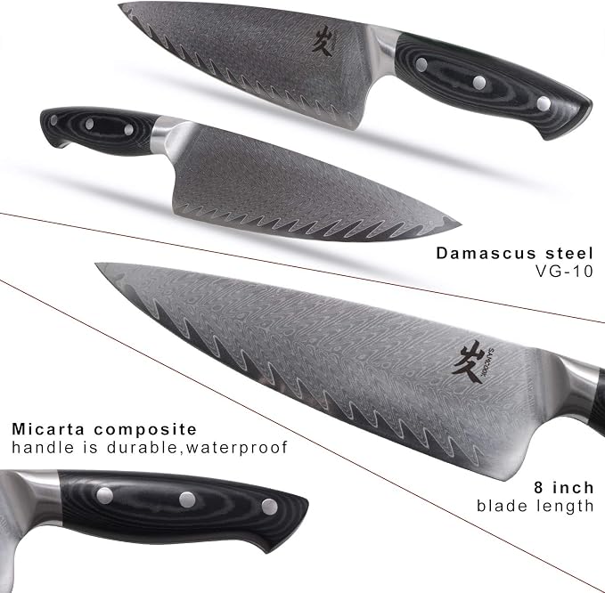 SAMCOOK Damascus Chef Knife - 8 Inch Professional Sharp Kitchen Knife - Japanese VG-10 High Carbon Stainless Steel Gyuto Cooking knife - Ergonomic Micarta Wood Handle with Gift Box