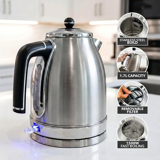 OVENTE 1.7L Electric Kettle, 1500W Fast Boiling Water Heater for Coffee or Tea with Stainless Steel BPA-Free and Cordless Body, Auto Shut-Off, Boil-Dry Protection and Removable Filter, Silver KS777S