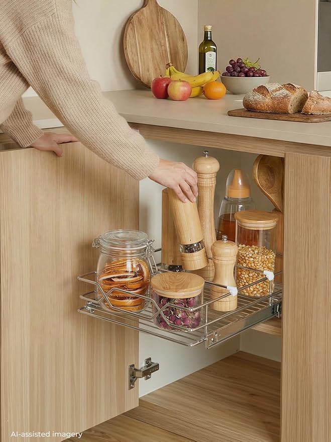 Pull Out Cabinet Organizer 11.6" x 21" D, Heavy Duty Smooth Sliding Under Cabinet Shelves for Pots and Pans, Slide Out Drawers For Kitchen Organizers and Storage, Pull Out Drawers for Kitchen Pantry
