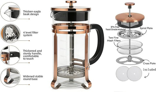 34oz French Press Coffee Maker, Thickened Borosilicate Glass & 304 Stainless Steel Double Mesh Filter. Cold Brew & Tea Brewer for Travel Camping, Kitchen Decor, Bar Accessories Gift (Copper)