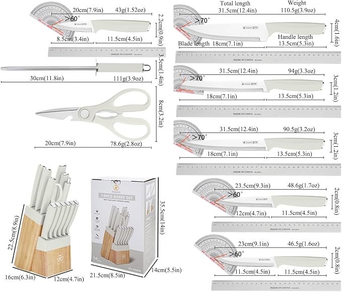 White Knife Set with Wood Block, 14-Piece Aesthetic Kitchen Knife Sets for Women,Non Rust Sharp Stainless Steel Knives With Sharpener,Gifts for Modern Kitchen Decor