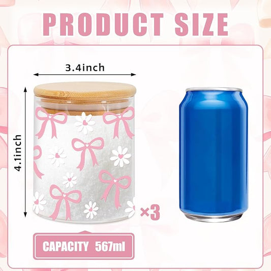 JarThenaAMCS 3 Pcs Pink Bow Glass Storage Jars with Airtight Lid Cute Bow Cherry Floral Decorative Canisters Sets for Valentine's Day Home Kitchen Countertop