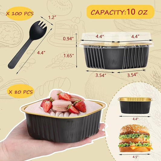 LNYZQUS 10oz/80pack Mini Cake Pans with Lids, Small Foil Baking Tins Brownie Baking Cups,4โx4โ Disposable Ramekins Jumbo Cupcake Muffin Pan Mini Aluminum Containers Holders-Black